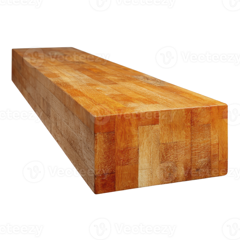 Long, rectangular wooden block with smooth, polished surface and visible wood grain patterns, showcasing warm, natural tone. block appears sturdy and well crafted png