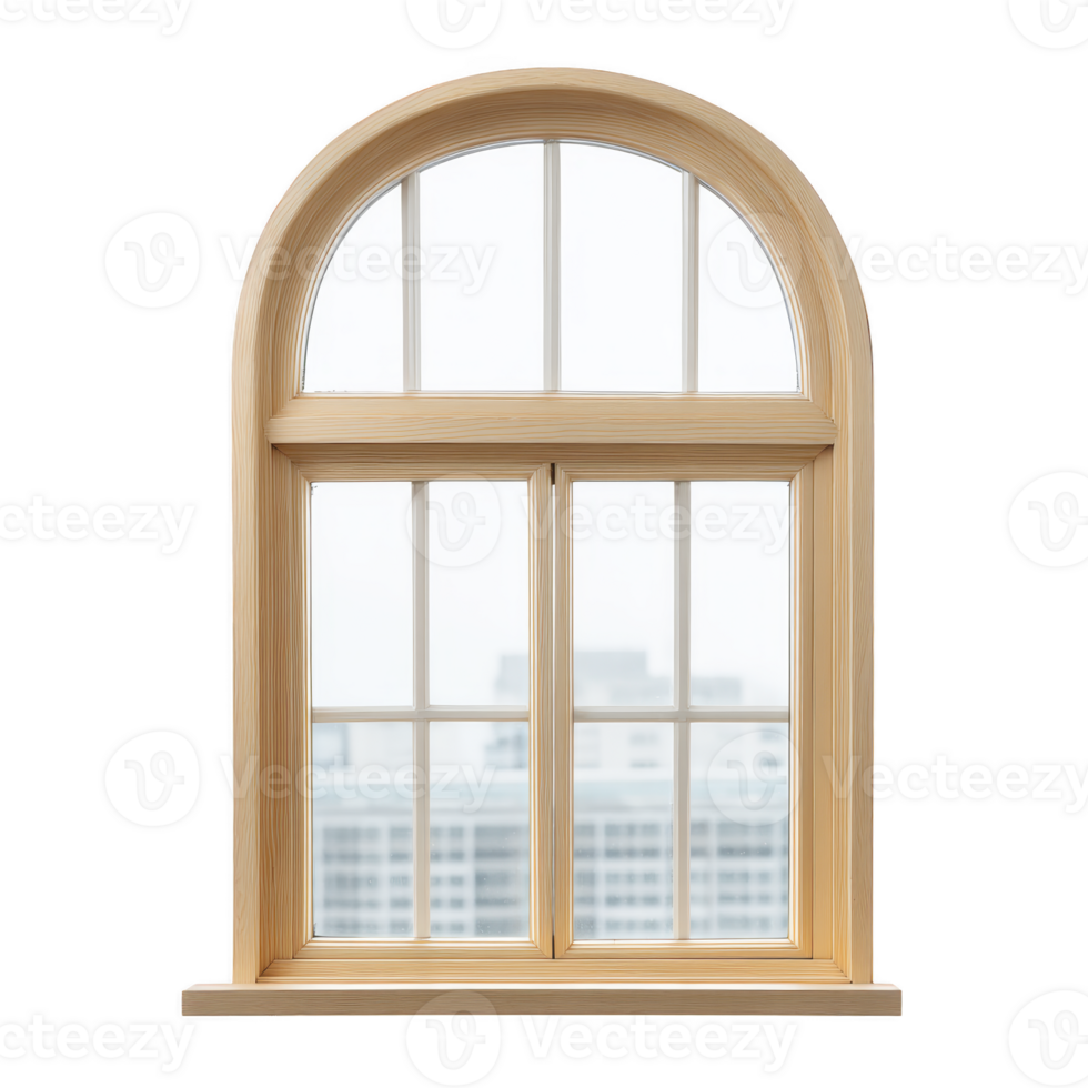 Arched wooden window with clear glass panes offers view of cityscape, blending classic design with modern architecture png