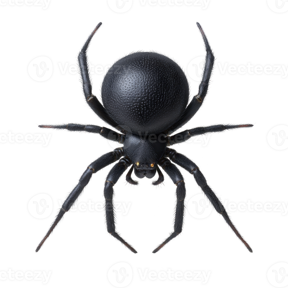 Close up image of black spider with round body and detailed texture, showcasing its legs and intricate features. spider is isolated on transparency background, highlighting its unique appearance png