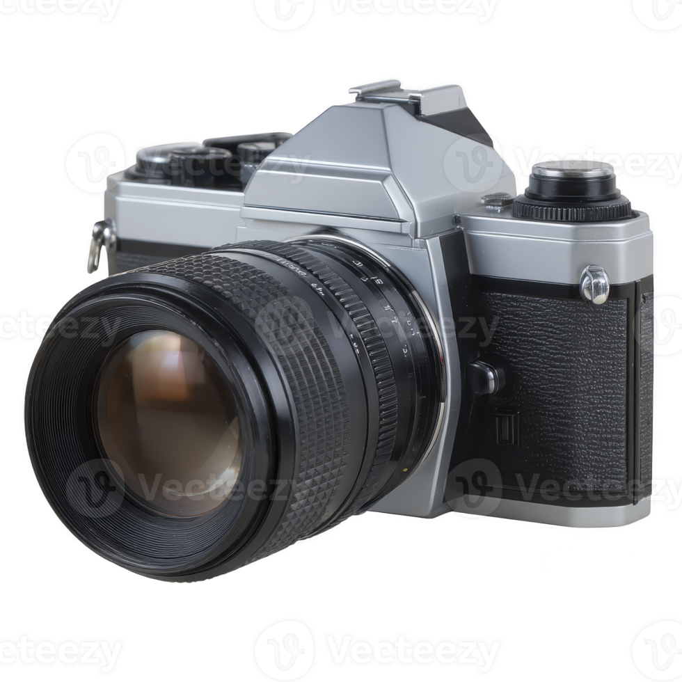 Vintage film camera with large lens, featuring classic design and textured grip, evokes nostalgia and timeless photography png