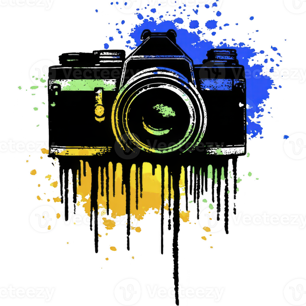 Vintage camera illustration with colorful paint splashes in blue, yellow, and green creates vibrant and artistic design. dripping paint effect adds dynamic and creative touch png