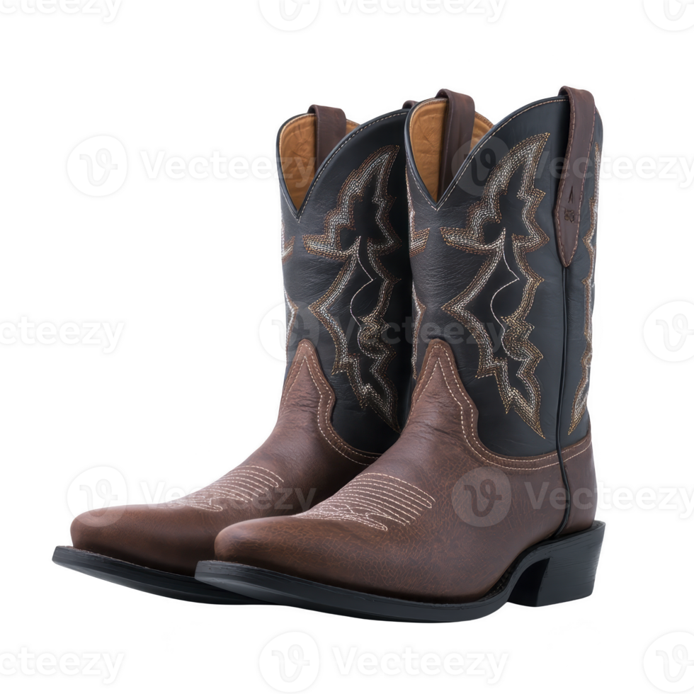 Pair of stylish cowboy boots with intricate stitching, featuring combination of brown and black leather, perfect for Western themed outfit or casual wear png