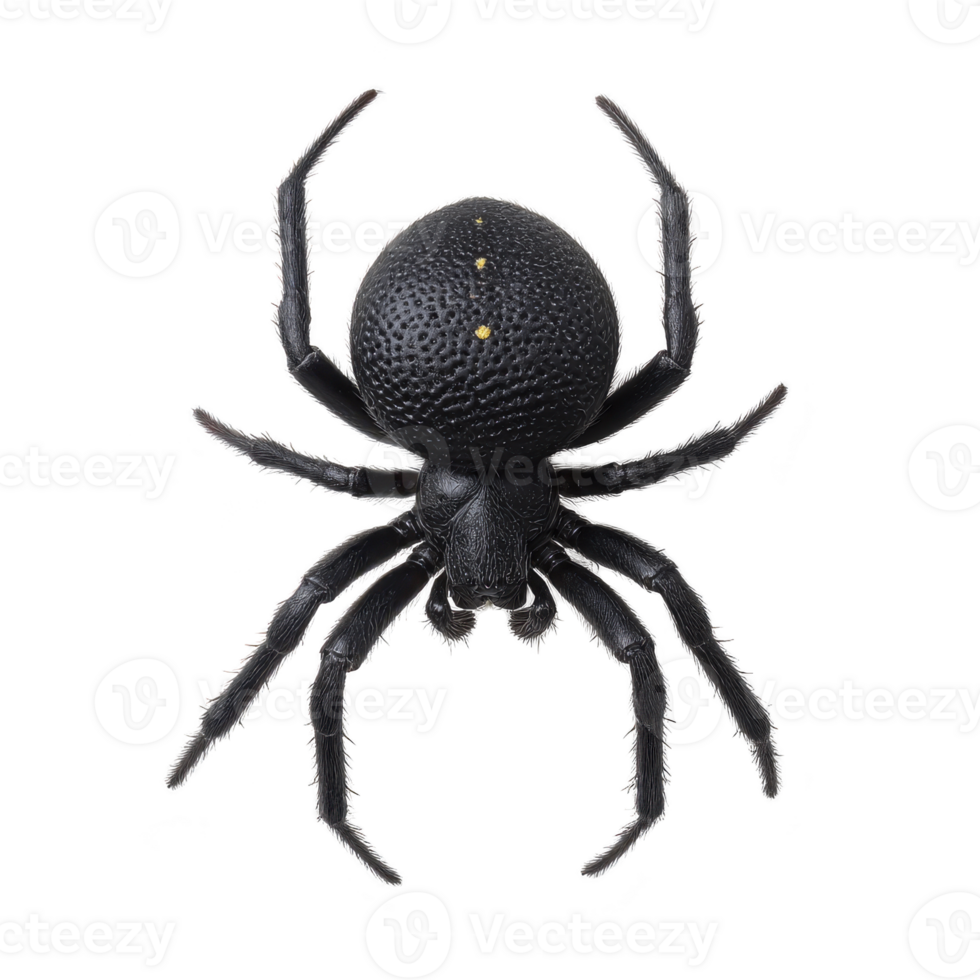 Close up image of black spider with textured body and long legs, isolated on transparency background. spider detailed features are clearly visible, showcasing its natural design png