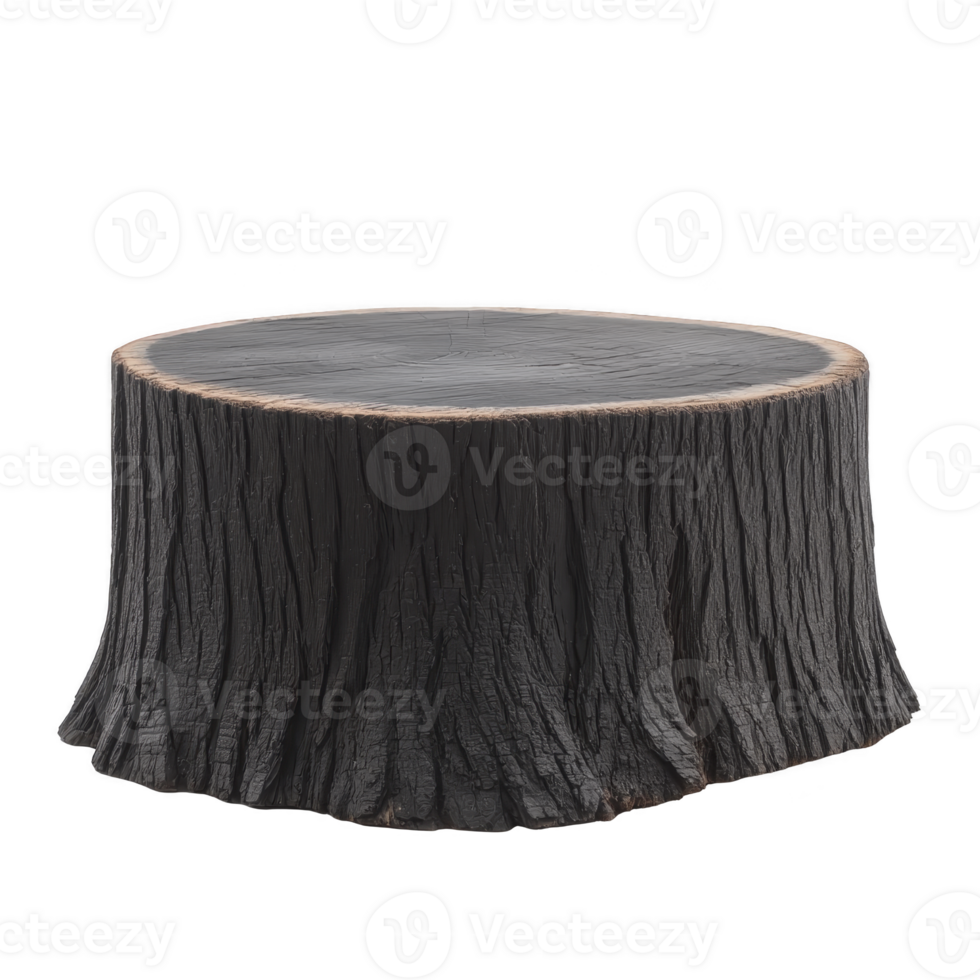 Large, textured tree stump with smooth top surface, showcasing natural wood grain and rough bark. stump is isolated on transparency background, highlighting its organic shape png