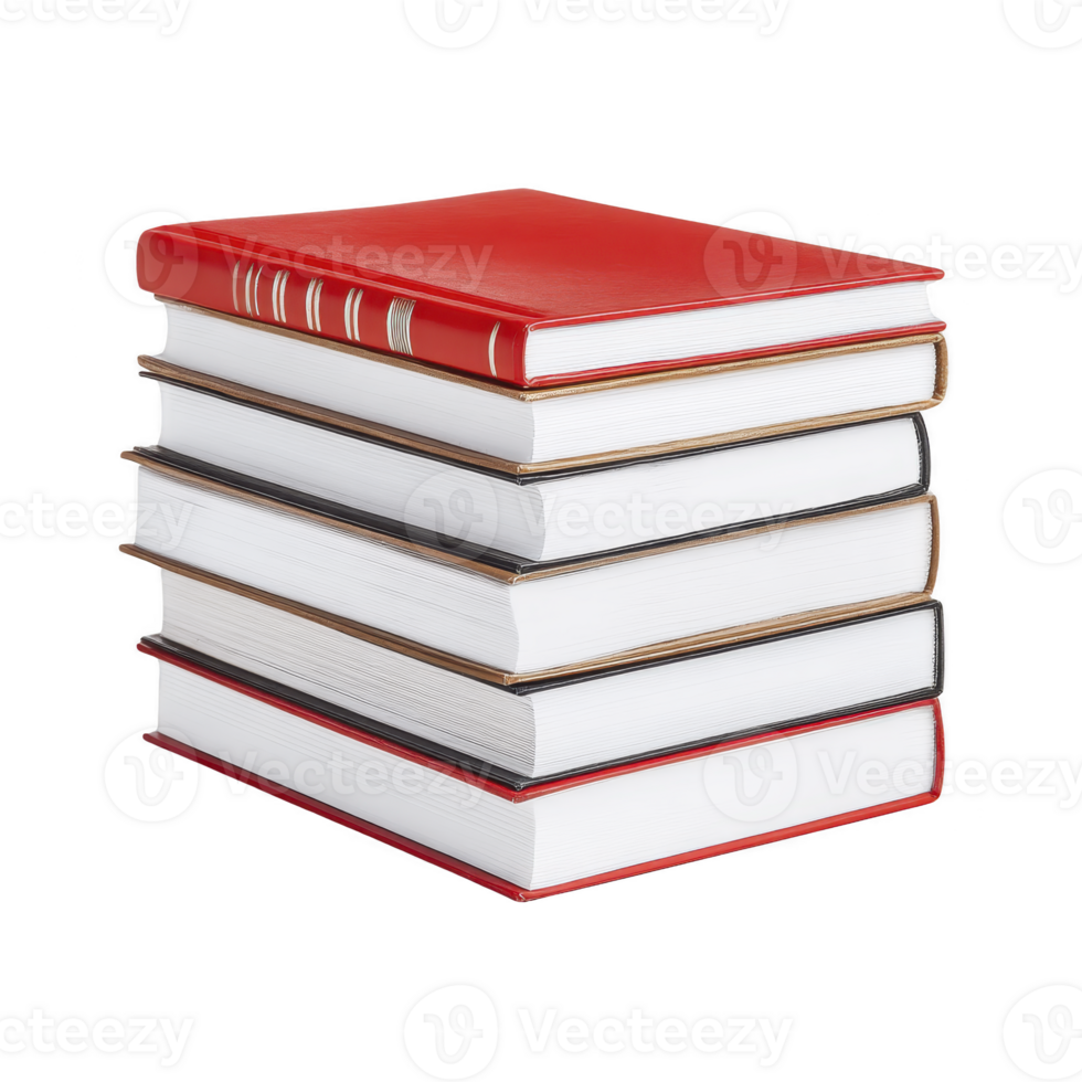 Stack of six hardcover books with red book on top, isolated on transparency background. books are neatly arranged, showcasing their spines and pages png