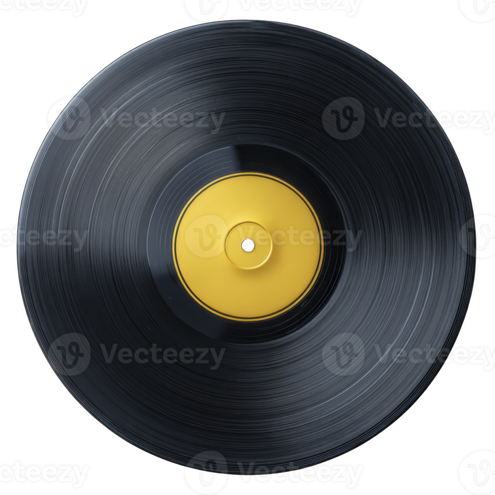 Classic vinyl record with yellow label, showcasing its grooves and circular design, evokes nostalgia and love for analog music png