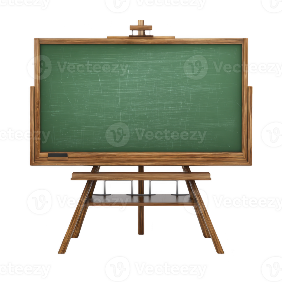 Wooden easel holds green chalkboard with blank surface, ready for writing or drawing. classic design evokes sense of nostalgia and creativity, perfect for educational settings png