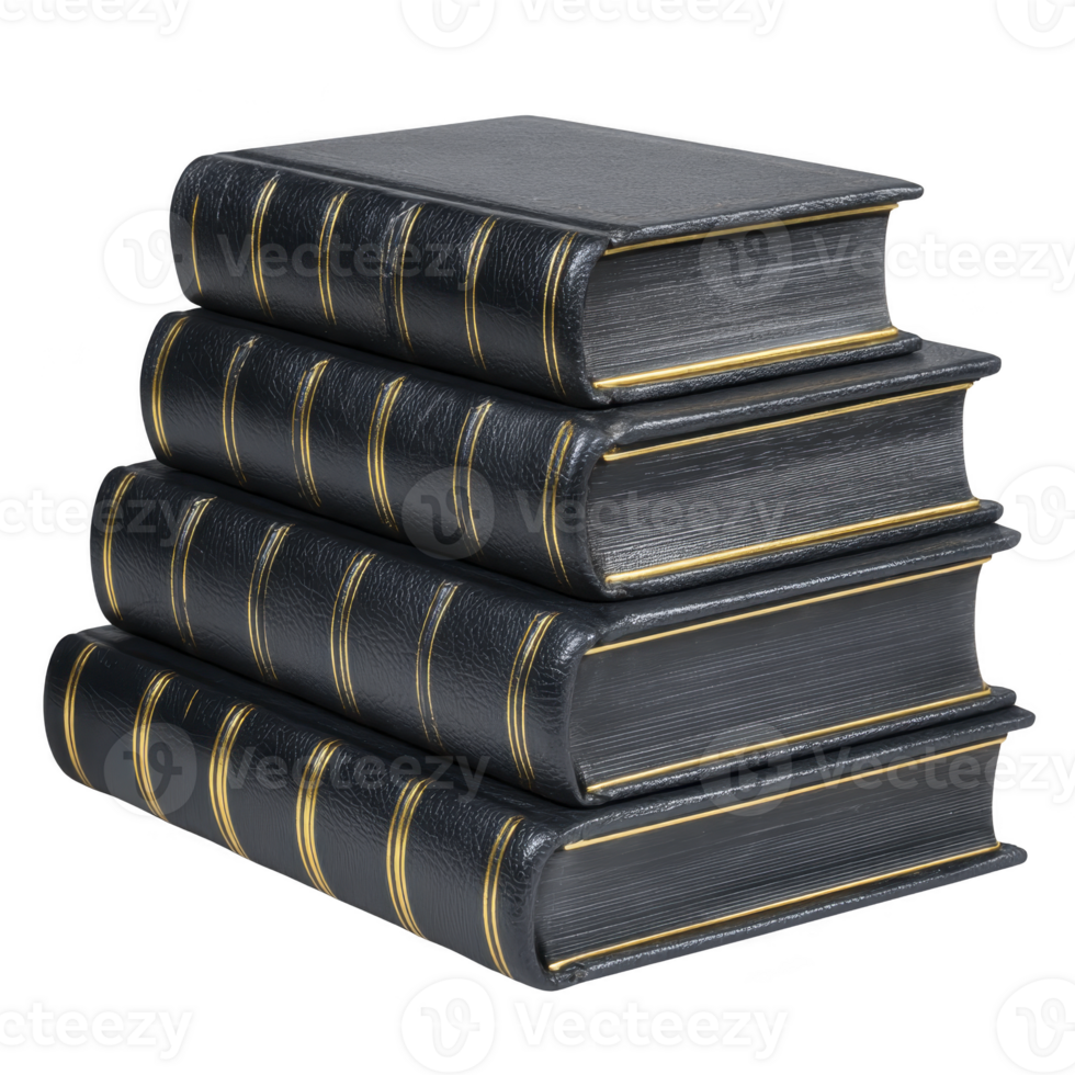 Stack of black leather bound books with gold detailing creates classic and elegant appearance, perfect for sophisticated library or study decor png