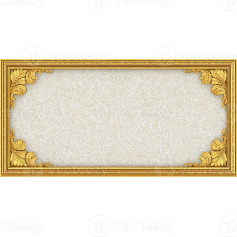 Ornate gold frame with intricate leaf patterns surrounds textured, light colored background, creating elegant and classic design png