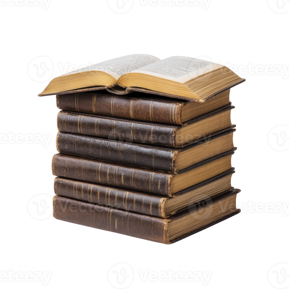 Stack of vintage books with open book on top, showcasing aged pages and leather covers, evokes sense of history and knowledge png