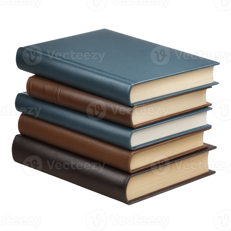 Stack of hardcover books with leather covers in shades of blue and brown is neatly arranged. books are closed, showcasing their textured covers and pages, evoking sense of knowledge and tradition png