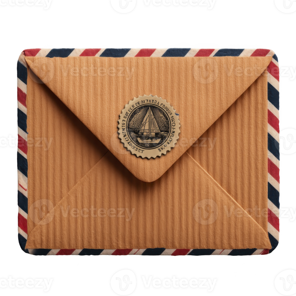 Vintage airmail envelope with striped border and wax seal featuring sailboat design evokes nostalgia and classic communication. textured paper adds rustic charm png