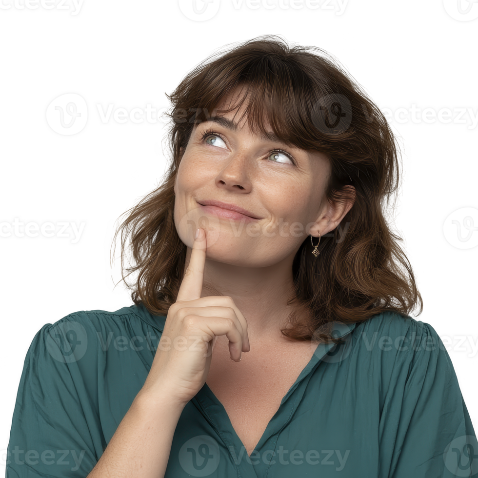 Thoughtful woman with slight smile looks upward, wearing teal blouse. Her expression suggests curiosity or contemplation. background is plain, emphasizing her facial expression png