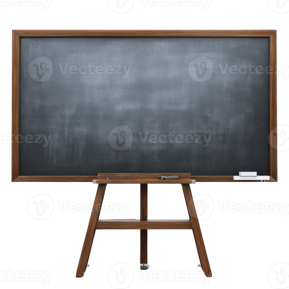 Wooden framed blackboard on easel stands ready for use, with chalk and eraser placed on tray. blackboard surface is clean, inviting creativity and learning png
