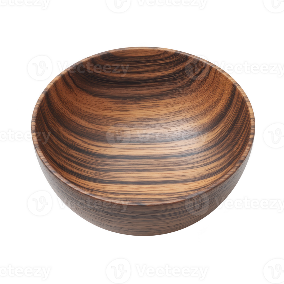 Beautifully crafted wooden bowl with rich, dark grain patterns, showcasing smooth and polished finish, perfect for serving or decoration png