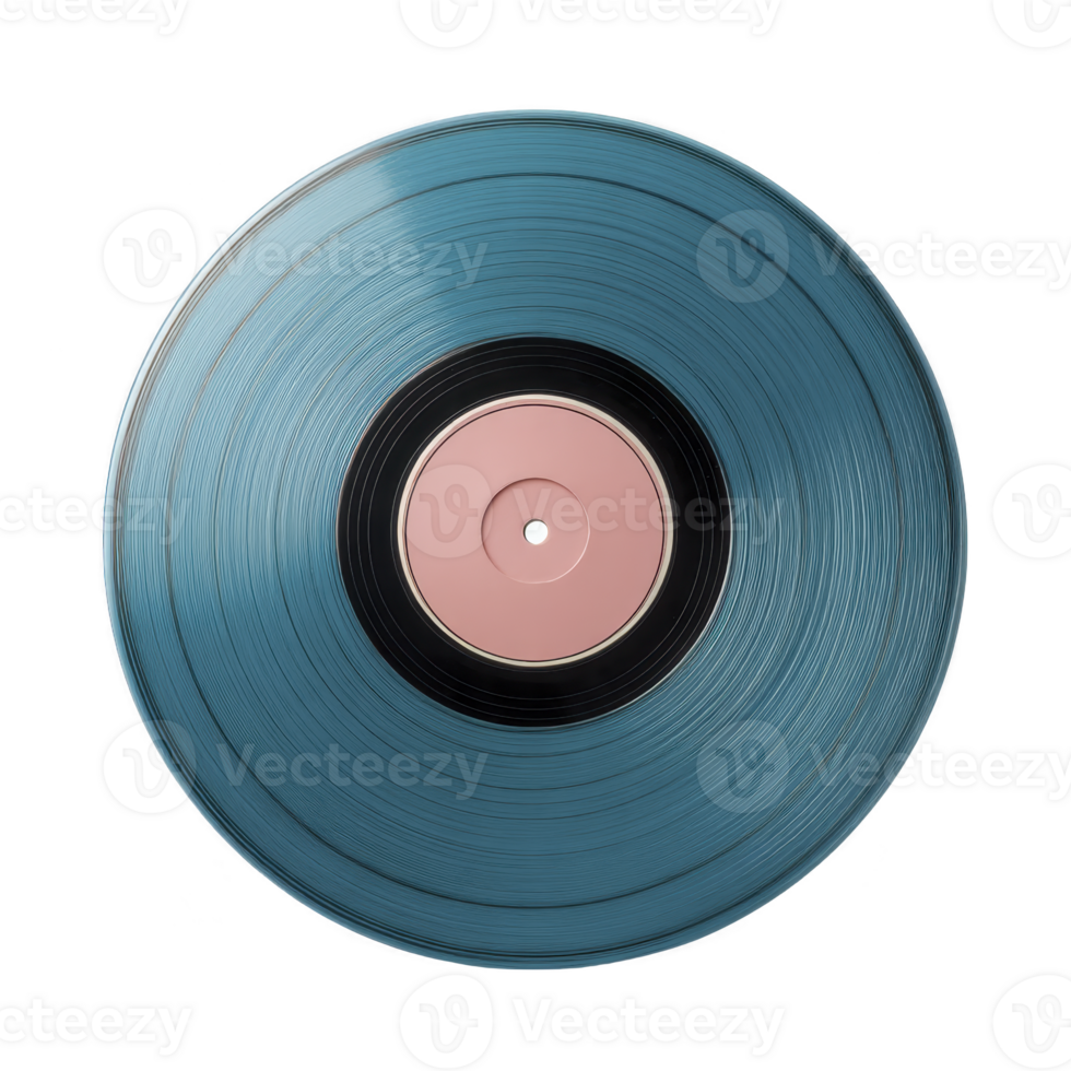 Blue vinyl record with pink label is displayed against transparency background, showcasing its grooves and circular shape. image evokes sense of nostalgia and retro style png