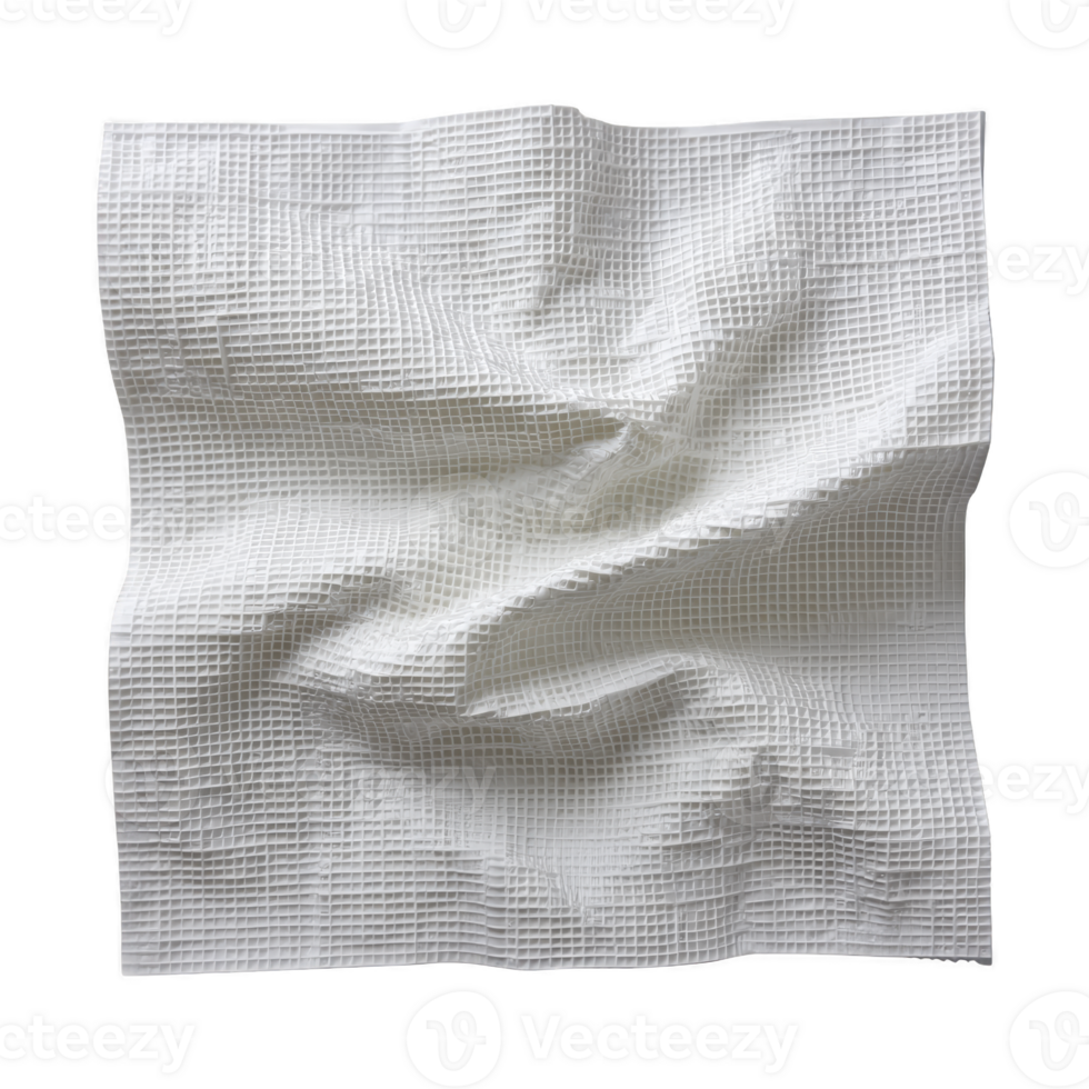 Crumpled white textured paper towel with grid pattern creates interesting visual effect. folds and creases add depth and dimension to simple material png
