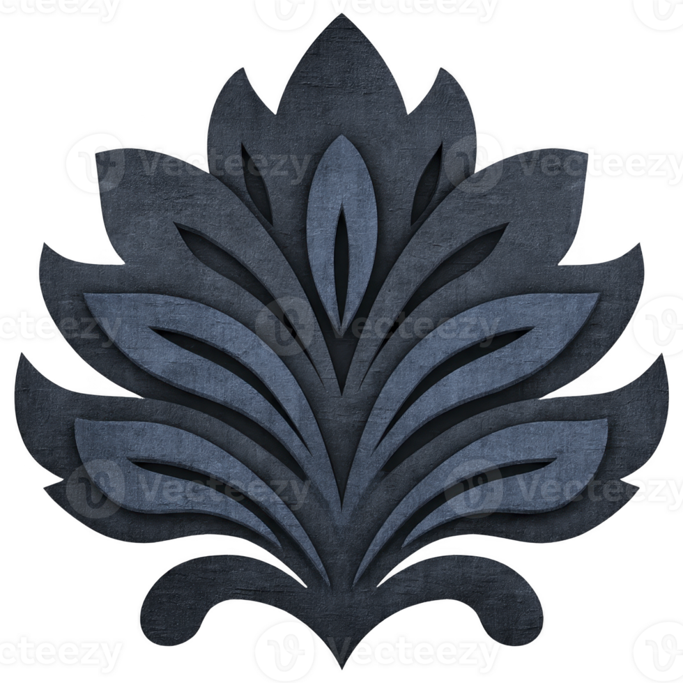 Dark blue floral pattern with textured appearance, resembling stylized lotus or leaf design, evokes sense of elegance and sophistication. symmetrical motif is ideal for decorative purposes png