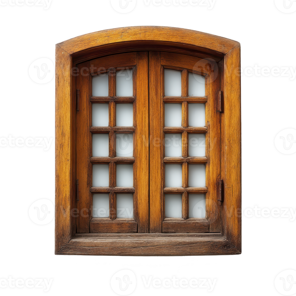 Wooden arched window with classic design features multiple small glass panes and warm brown finish, evoking rustic and inviting atmosphere png