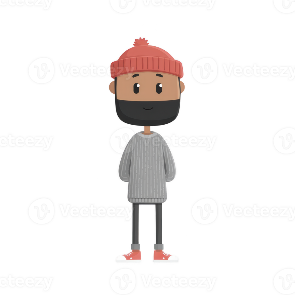 Cute cartoon character with beanie and sweater stands with friendly expression. character has beard and is wearing casual shoes, creating cozy and approachable vibe png