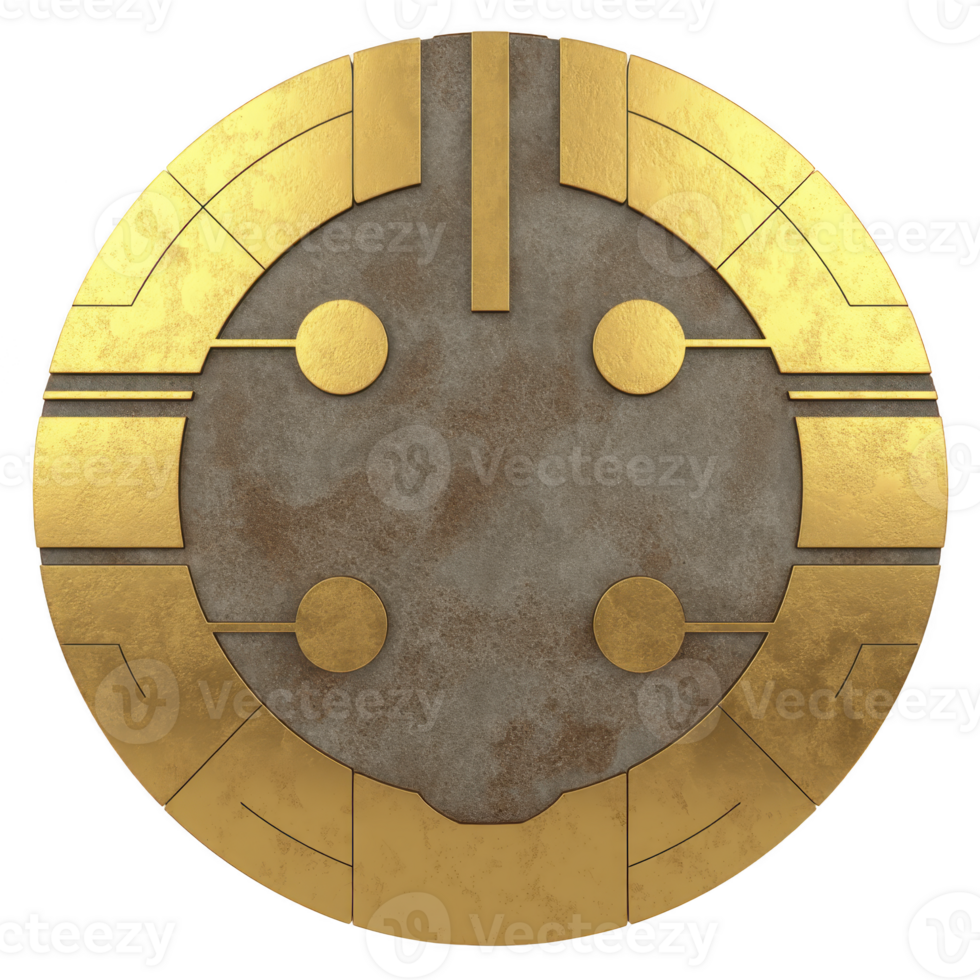 Round, metallic shield with weathered texture features central stone like surface and gold accents. design includes geometric patterns and circular elements, giving it ancient, artistic appearance png