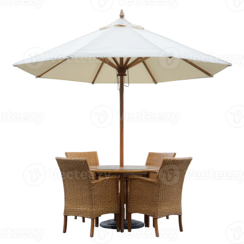 Patio set with large white umbrella and four wicker chairs around round table, perfect for outdoor relaxation png