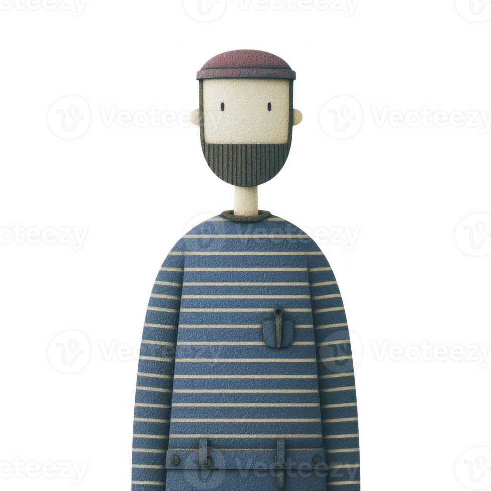 This features whimsical illustration of bearded man wearing striped shirt and cap, exuding playful and artistic vibe. character simple design and muted colors create charming and friendly png
