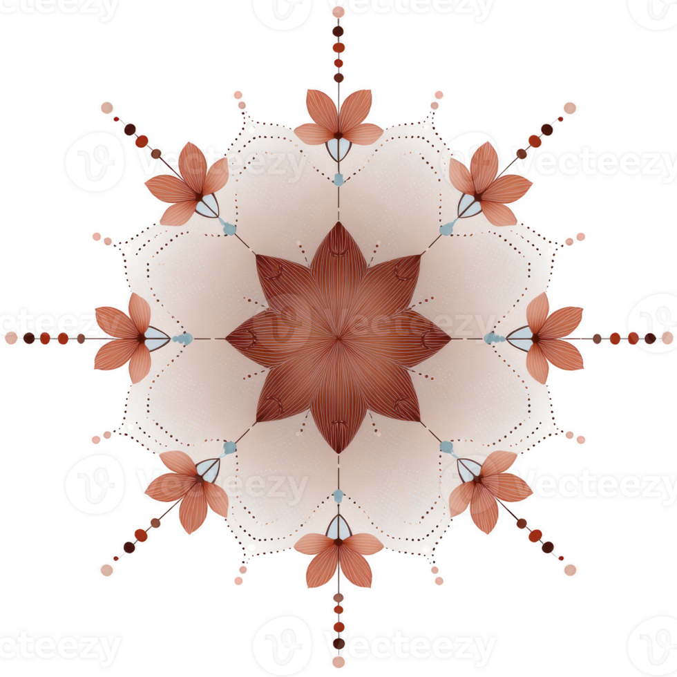 Symmetrical floral mandala design with intricate patterns and earthy tones creates harmonious and calming visual effect. design features layered petals and geometric shapes png