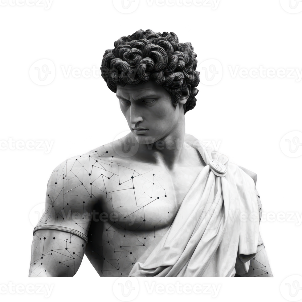 Classical marble statue of male figure with modern twist, featuring geometric patterns and lines on skin, blending traditional art with contemporary design png