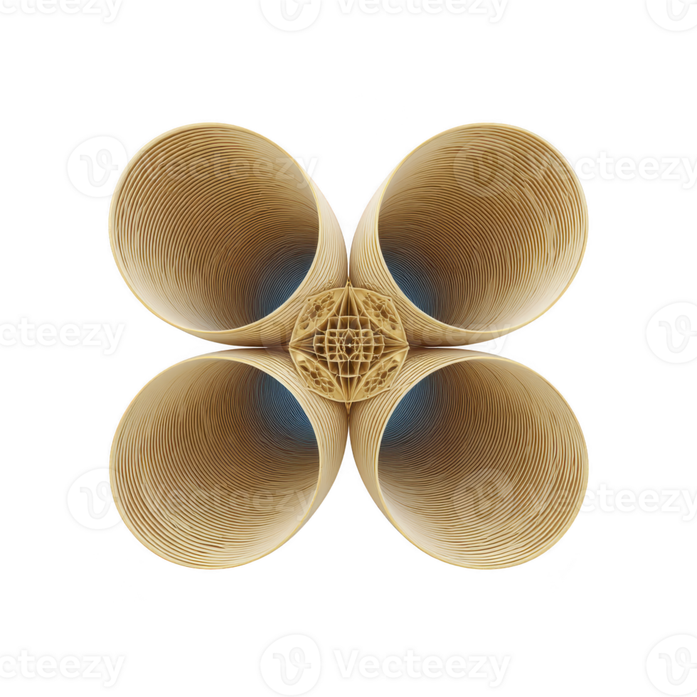 Symmetrical abstract design features four circular, tunnel like structures converging center, creating visually intriguing pattern. image is set against transparency background, enhancing png