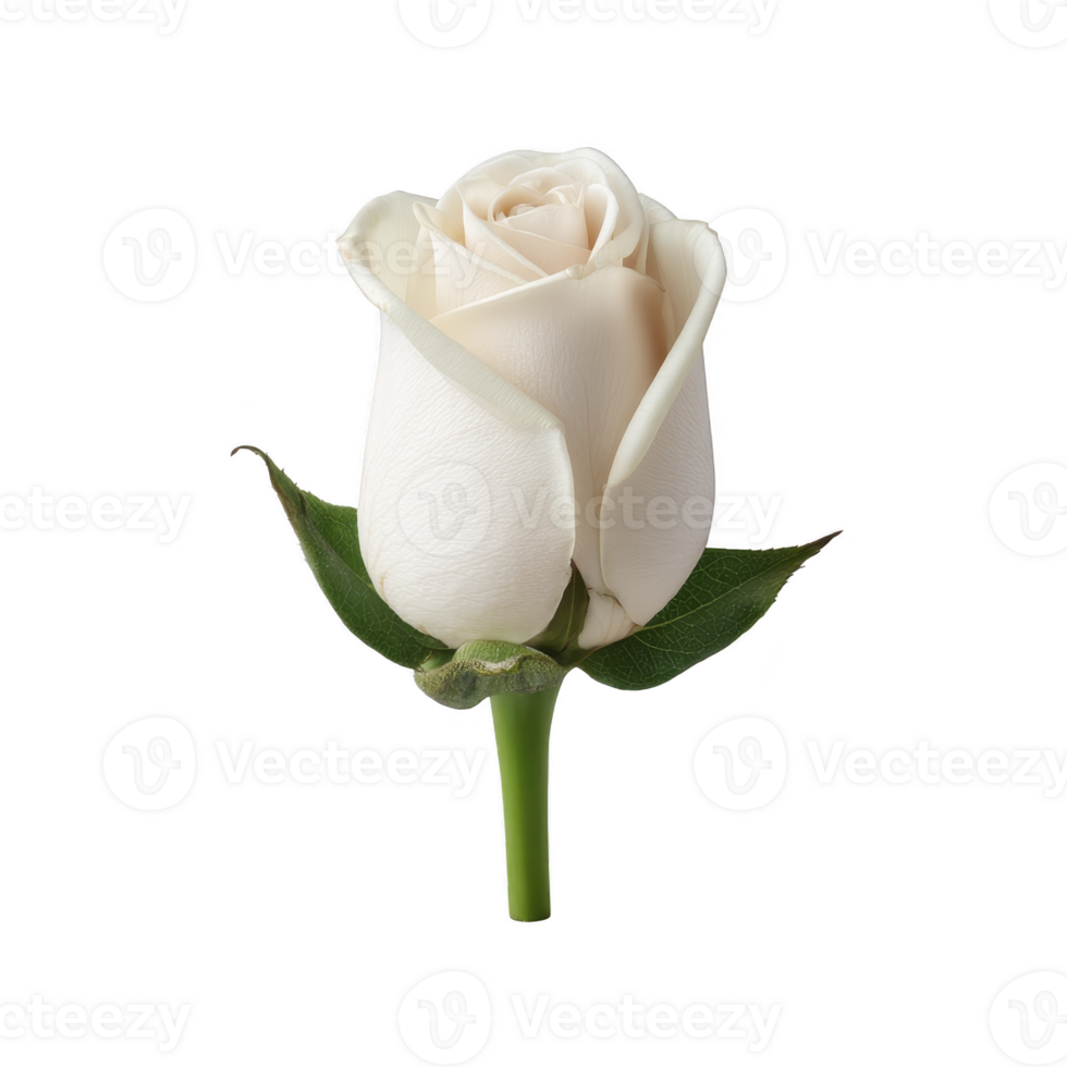 Single elegant white rose with lush green leaves, symbolizing purity and grace, isolated on transparency background. delicate petals and vibrant stem create serene and timeless beauty png