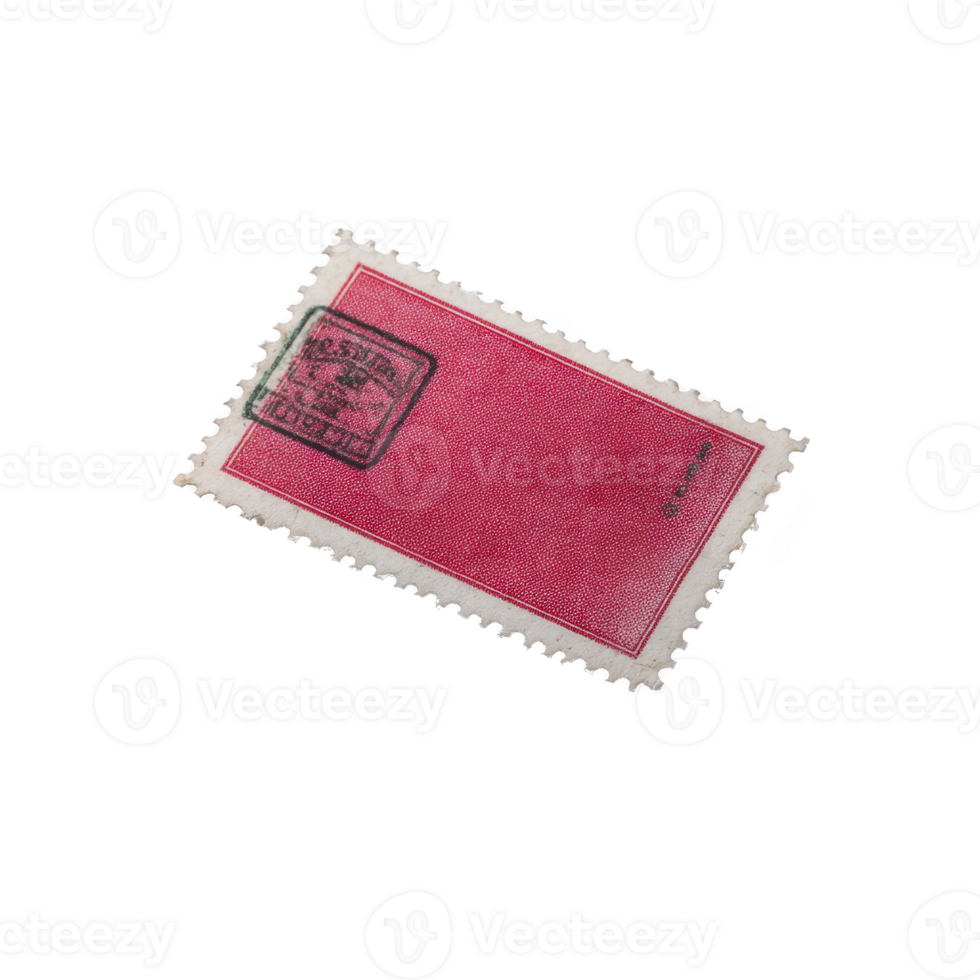 Vintage red postage stamp with black cancellation mark is displayed against transparency background, showcasing its perforated edges and classic design png
