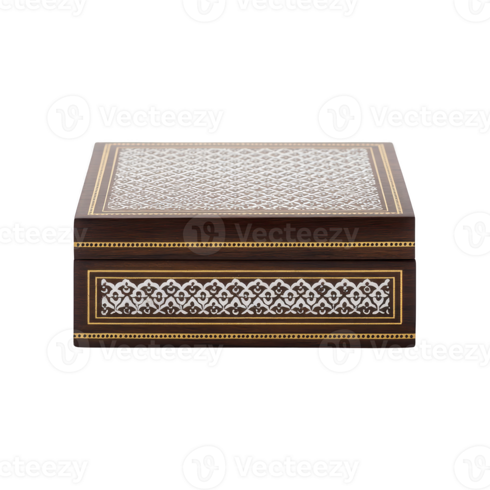 This intricately designed wooden box features detailed geometric patterns and polished finish, perfect for storing small items or as decorative piece png