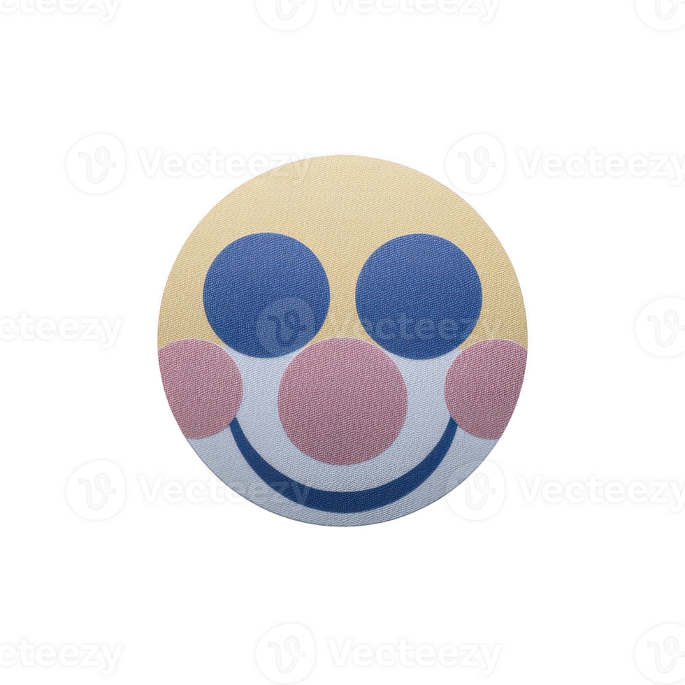 Colorful, abstract clown face with smiling expression features large blue eyes and pink nose on circular background. design is playful and whimsical png