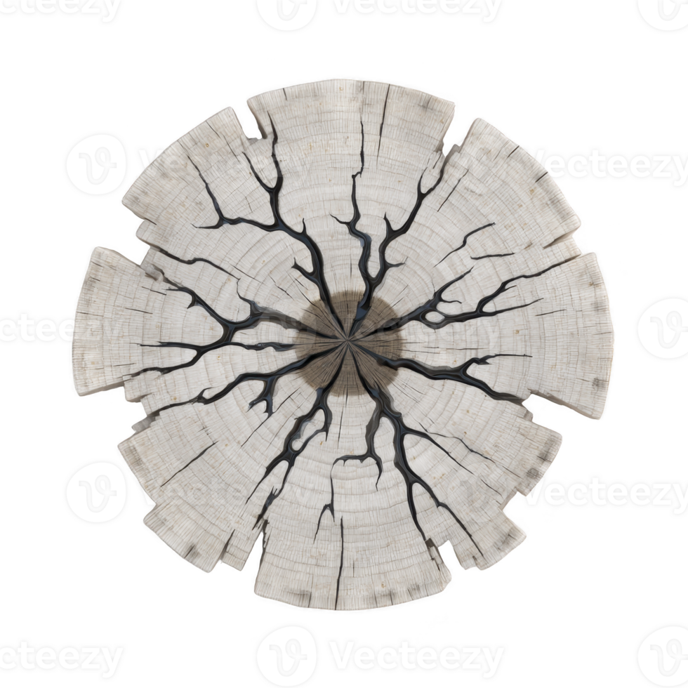 Cross section of tree trunk with visible growth rings and cracks radiating from center, showcasing natural patterns and textures. wood appears aged and weathered, highlighting its organic beauty png