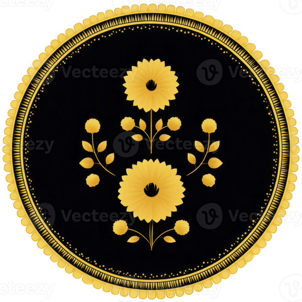 Circular design features intricate yellow floral patterns transparency background, creating elegant and decorative appearance. symmetrical arrangement includes detailed flowers and leaves png