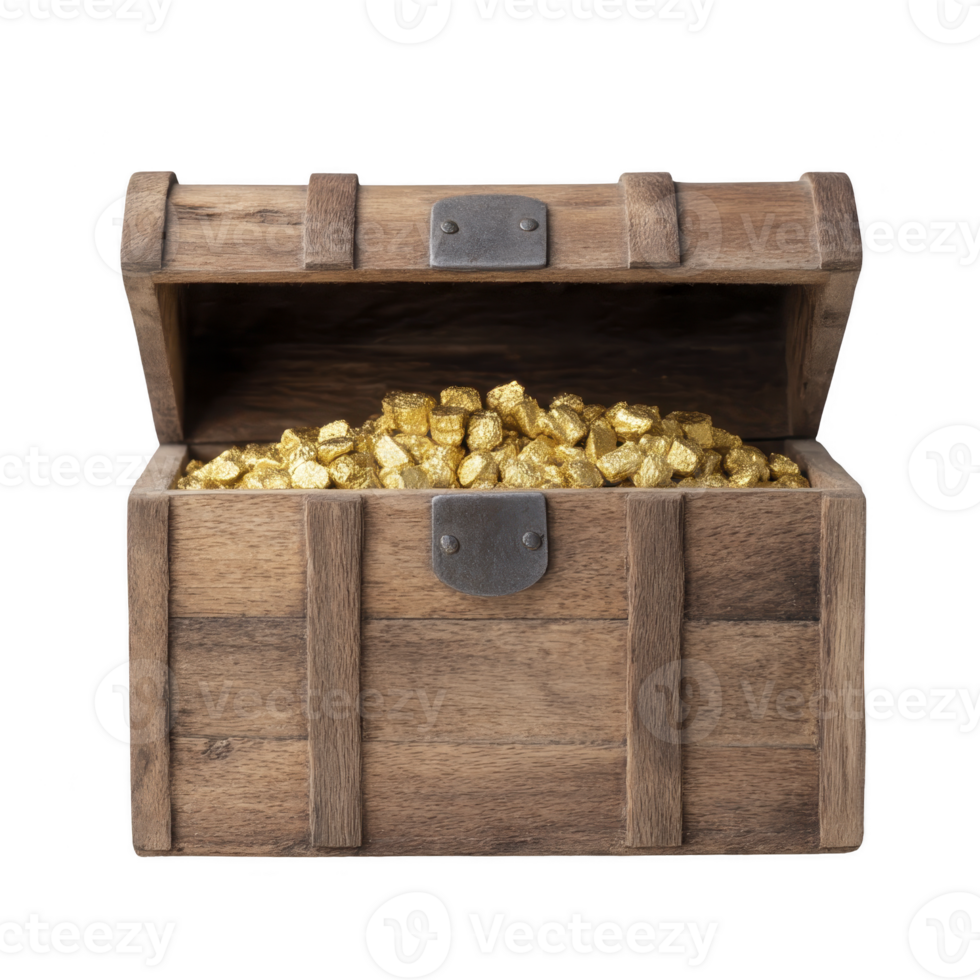 Open wooden treasure chest filled with shiny gold nuggets, symbolizing wealth and adventure. chest has metal accents and rustic appearance, evoking sense of mystery and discovery png