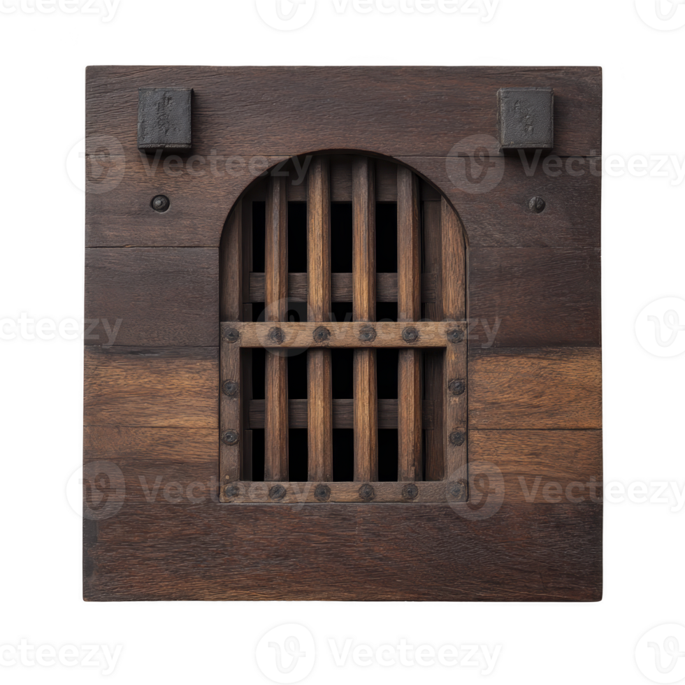 Rustic wooden door with arched barred window, featuring dark metal accents and weathered finish, evokes sense of history and mystery png