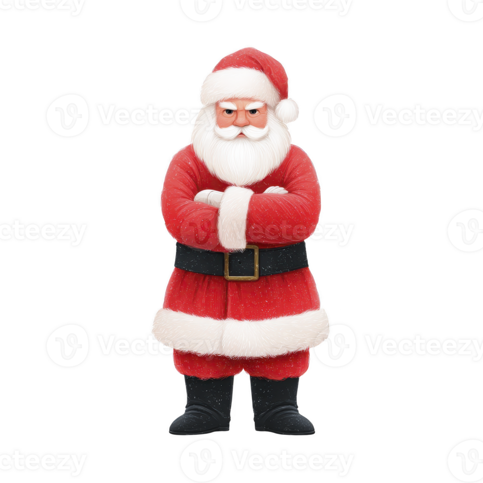 Jolly Santa Claus stands with arms crossed, wearing classic red suit with white fur trim, black belt, and boots. His expression is cheerful and welcoming, embodying festive spirit png