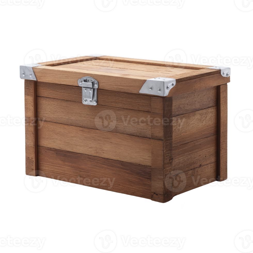Sturdy wooden storage chest with metal reinforcements and secure latch, perfect for organizing and storing various items in rustic style png