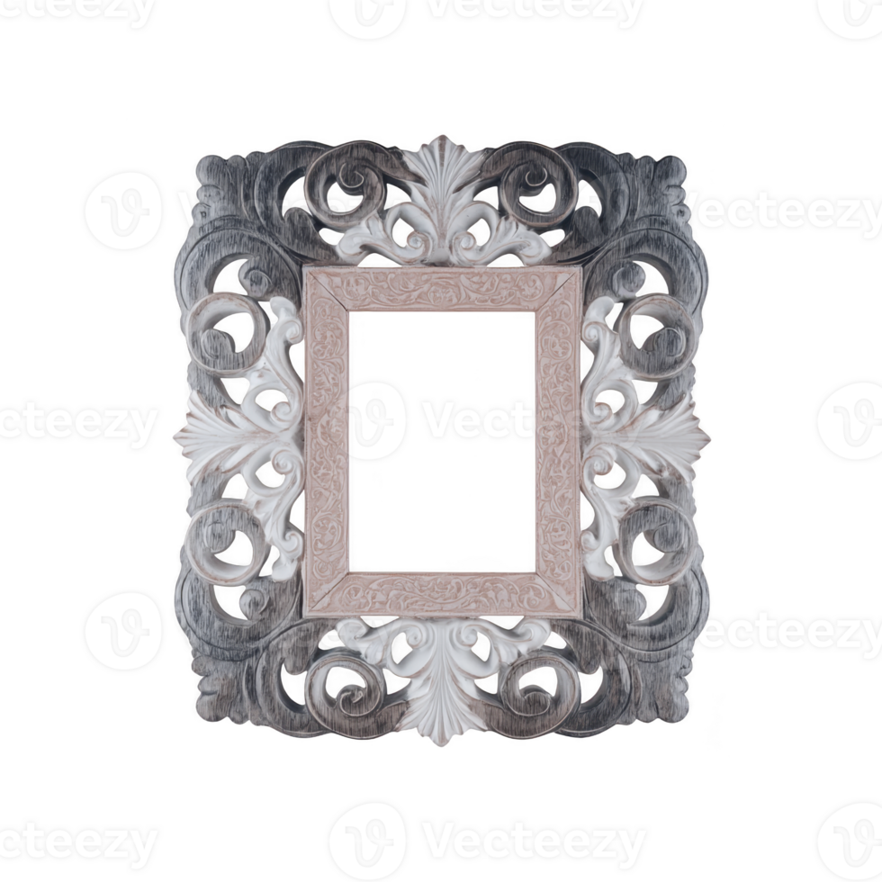 Ornate, vintage style picture frame with intricate floral and scrollwork designs, featuring rectangular opening. frame combines elegant curves and detailed carvings, creating classic png