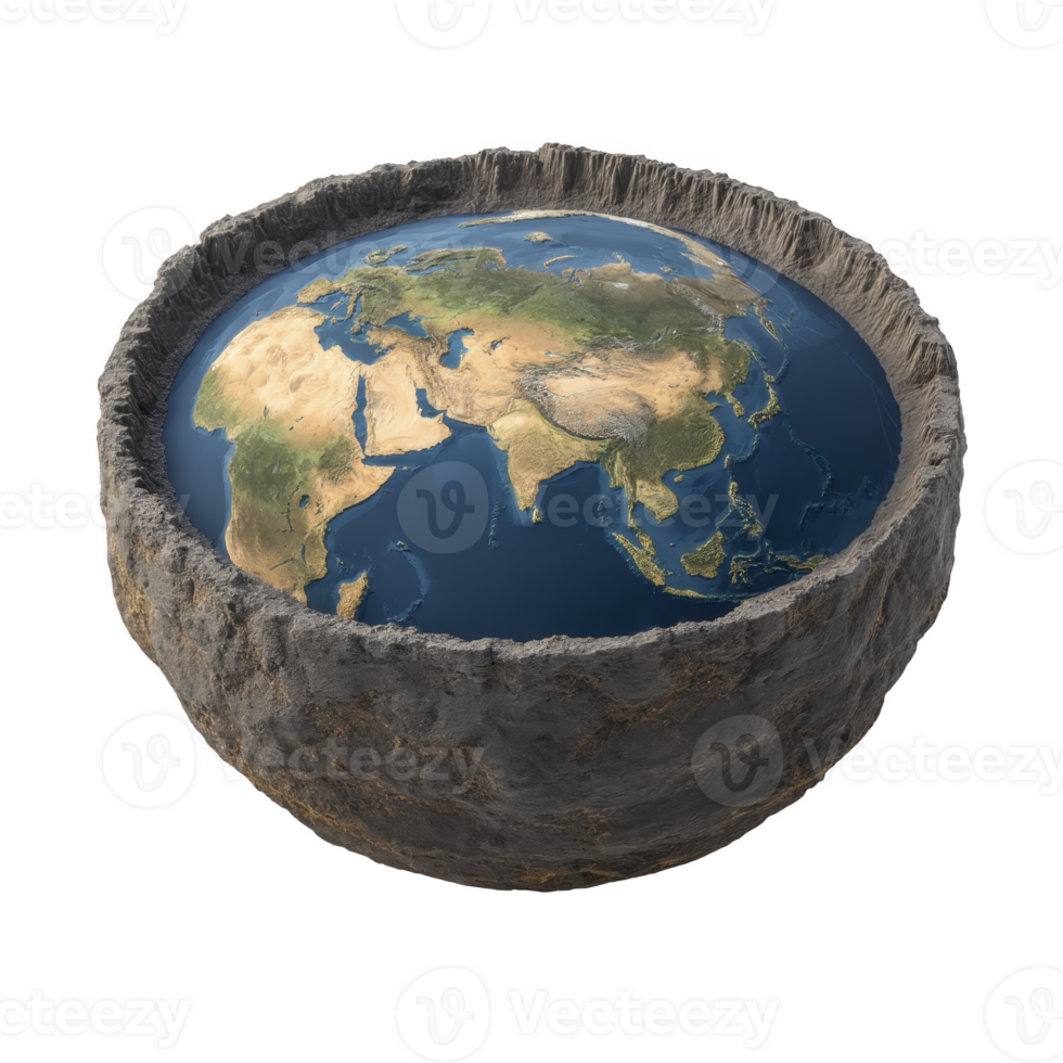 This depicts conceptual illustration of flat Earth model, showing cross section with visible continents and oceans surrounded by rocky edge. artwork creatively challenges traditional spherical png