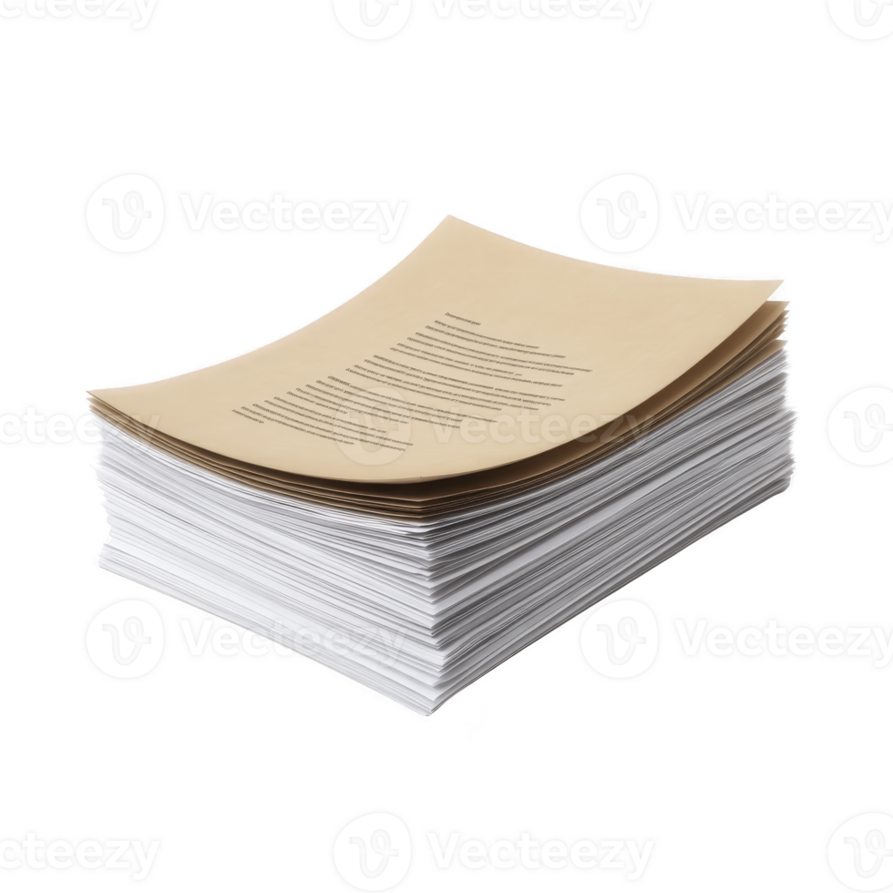 Stack of documents with beige cover page sits neatly on transparency background, suggesting organization and professionalism. papers are aligned, indicating careful arrangement png