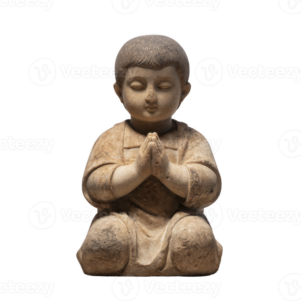 Serene stone statue of kneeling child with hands in prayer, eyes closed, and peaceful expression. sculpture has weathered texture, suggesting age and tranquility png