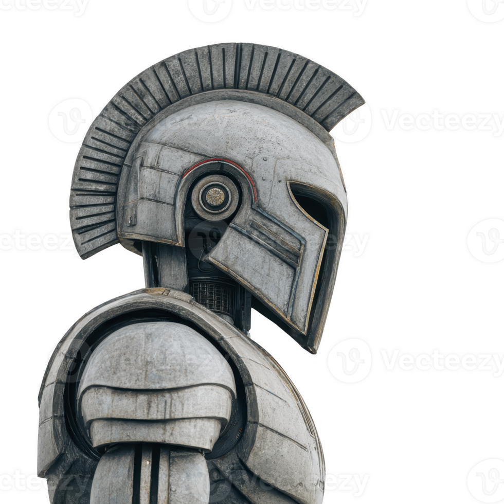 Futuristic robot with design inspired by ancient warriors, featuring helmet with crest and metallic armor. robot sleek and detailed construction suggests advanced technology and craftsmanship png