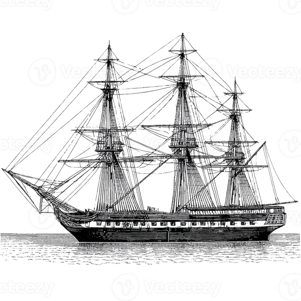 Detailed illustration of vintage sailing ship with multiple masts and intricate rigging, floating calm waters. ship design reflects historical maritime craftsmanship, evoking sense of adventure png
