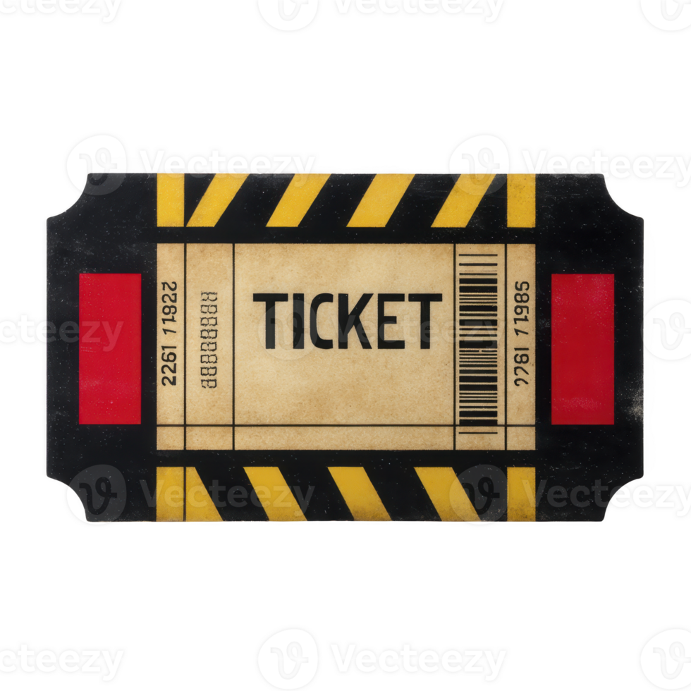 Vintage style ticket with black and yellow striped border and red accents, featuring word TICKET prominently in center. design evokes sense of nostalgia png