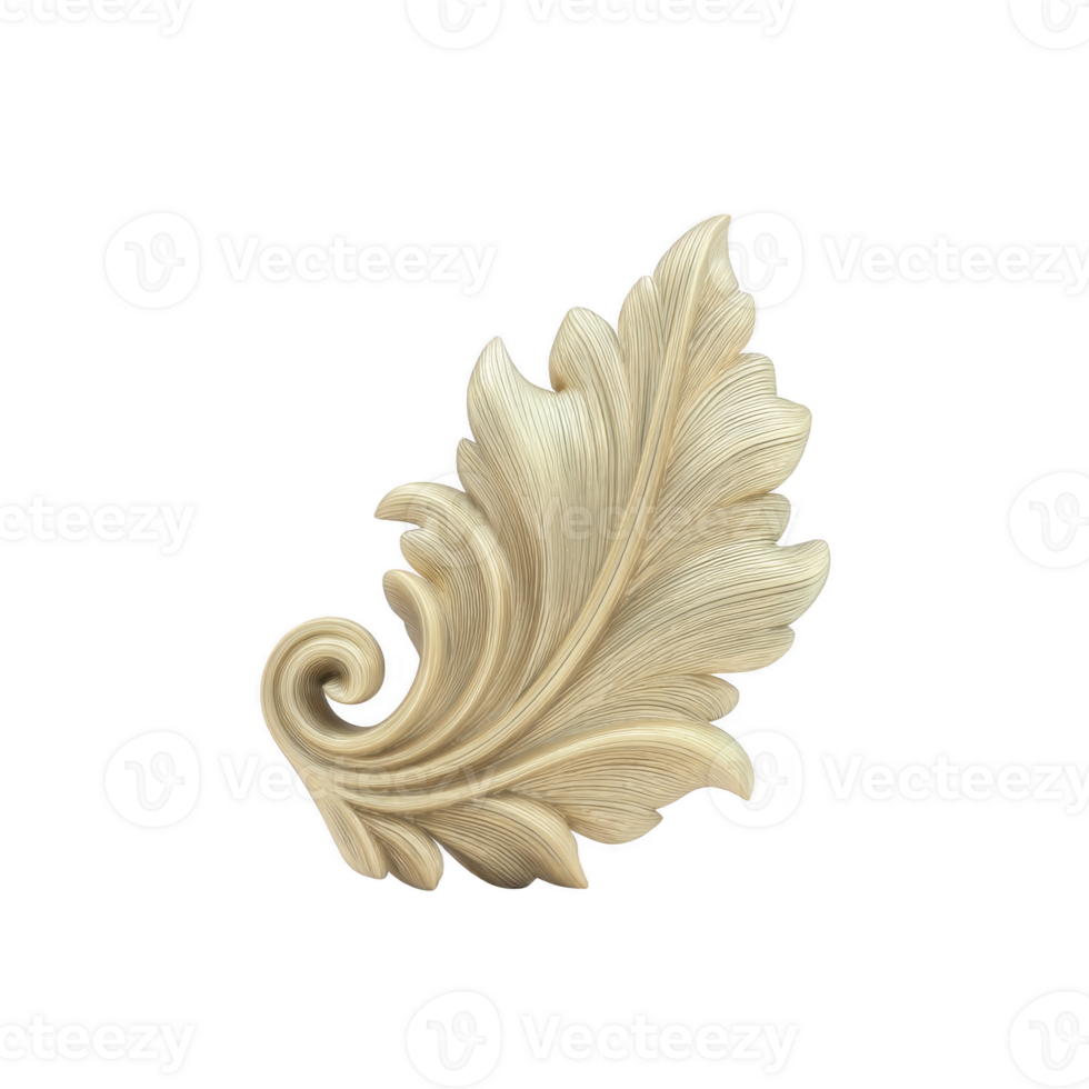 Ornate, intricately carved wooden leaf design with elegant curves and detailed textures, showcasing craftsmanship and artistry. decorative piece is isolated on transparency background png