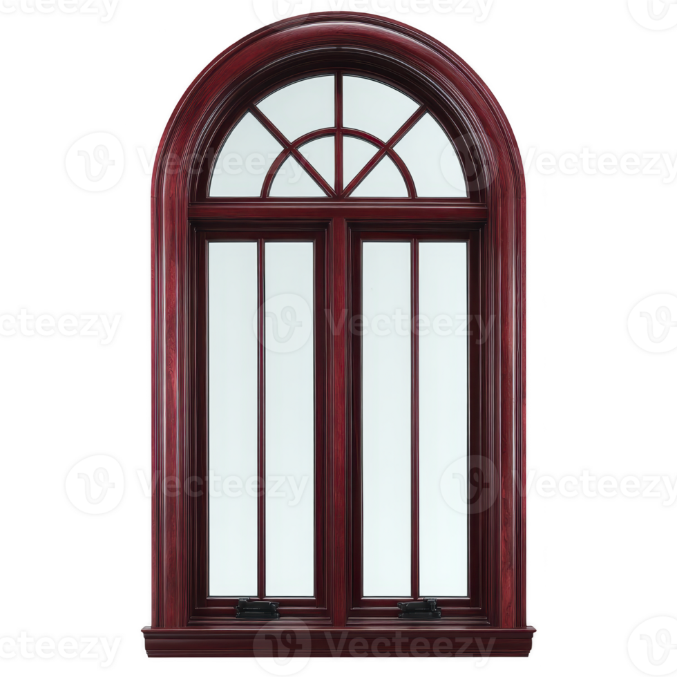Elegant arched window with rich wooden frame and clear glass panes, featuring classic design. window deep red brown color adds touch of sophistication and warmth png