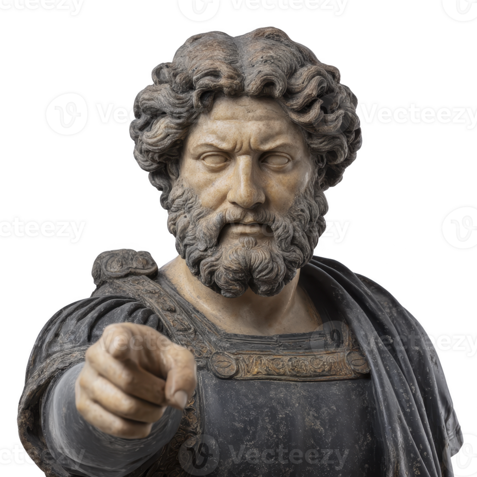 This features detailed statue of bearded man with curly hair, wearing toga and pointing forward. expression is intense and commanding, capturing sense of authority and power png